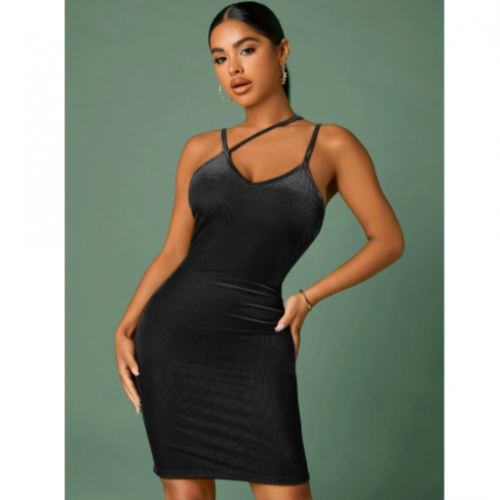 Asymmetrical Neck Ribbed Knit Velvet Bodycon Dress (Large/US 10-12/UK 14-16/EU 40-42)