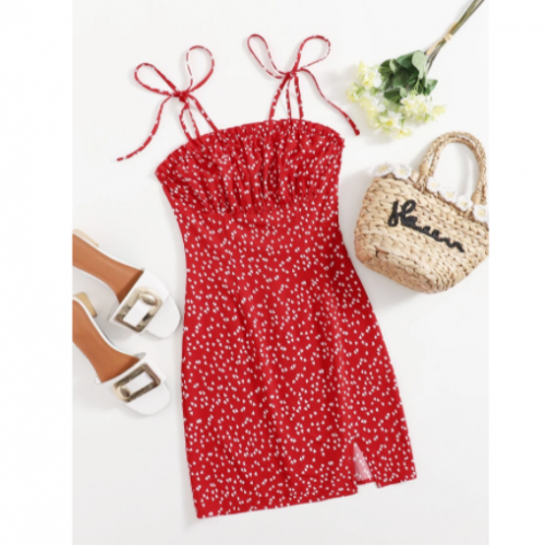 Allover Heart Print Knot Shoulder Ruched Bust Split Hem Slip Dress (Medium/US 6-8/UK 10-12/EU 36-38)