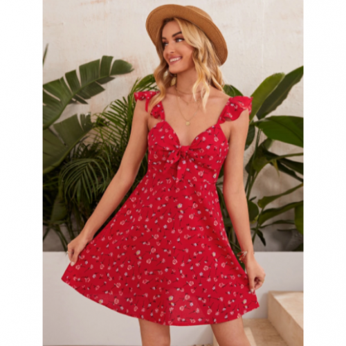 Allover Floral Print Knot Front Ruffle Trim Dress (Medium/US 6-8/UK 10-12/EU 36-38)